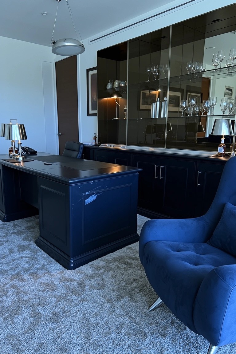 Navy blue desk adjacent to tall glass bar cabinet stocked with whiskey glasses and bottles in a home office with blue velvet chair