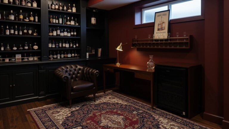 Dark wood paneled home office with built-in whiskey bottle shelves above a wooden desk, flanked by leather armchairs on a patterned rug
