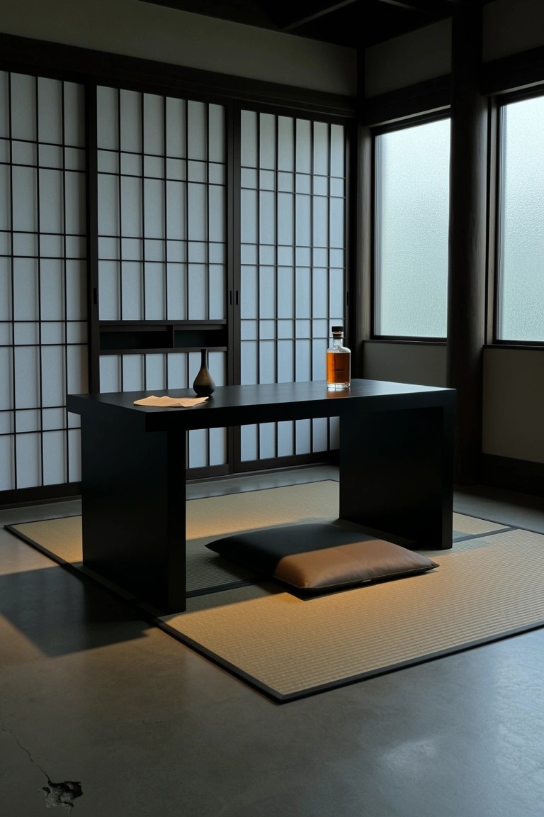 Minimalist Japanese room with low black table holding whiskey bottle and vase, floor cushion, tatami mat, and shoji screens
