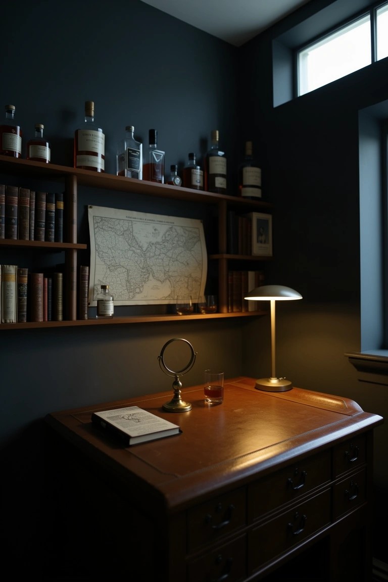 Navy corner office with wooden shelves holding whiskey bottles and books above a desk, lamp, globe, and glass