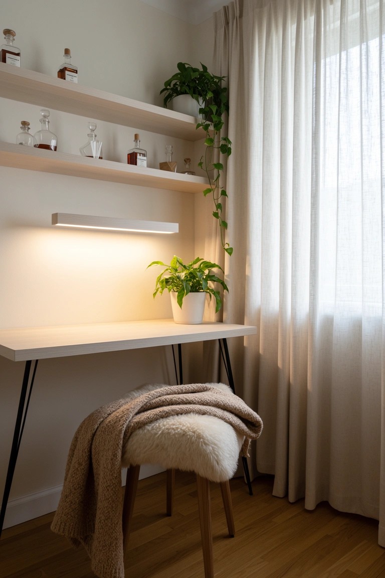 White open shelves displaying whiskey bottles and plants above a minimalist white desk with stool and soft lighting in a home office corner
