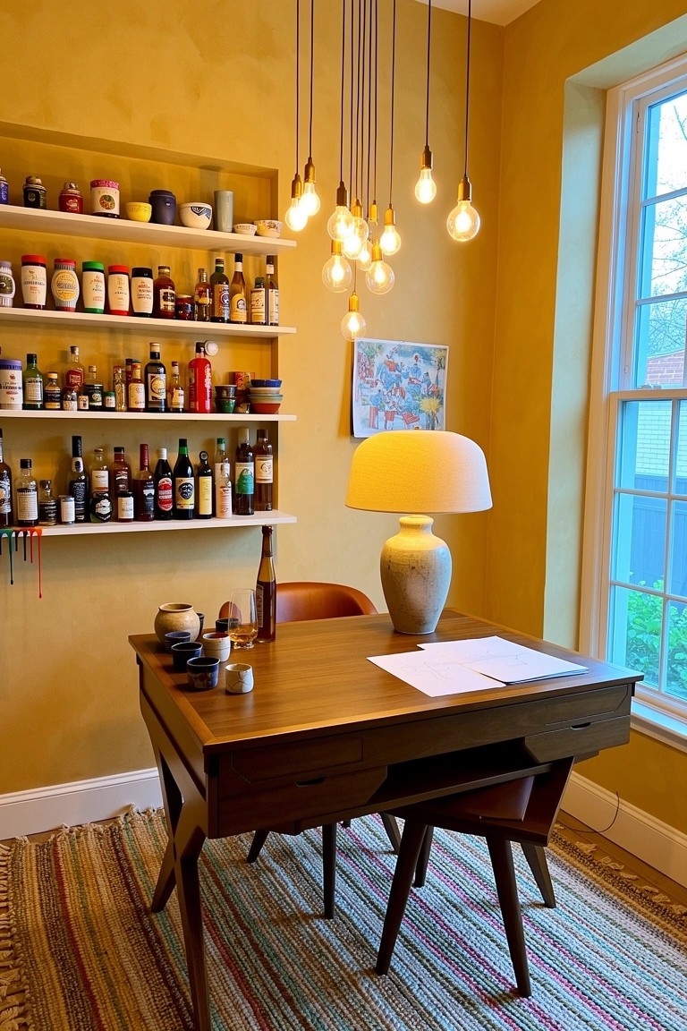 Cozy home office with yellow walls, open shelves full of whiskey bottles, wooden desk, and pendant lights