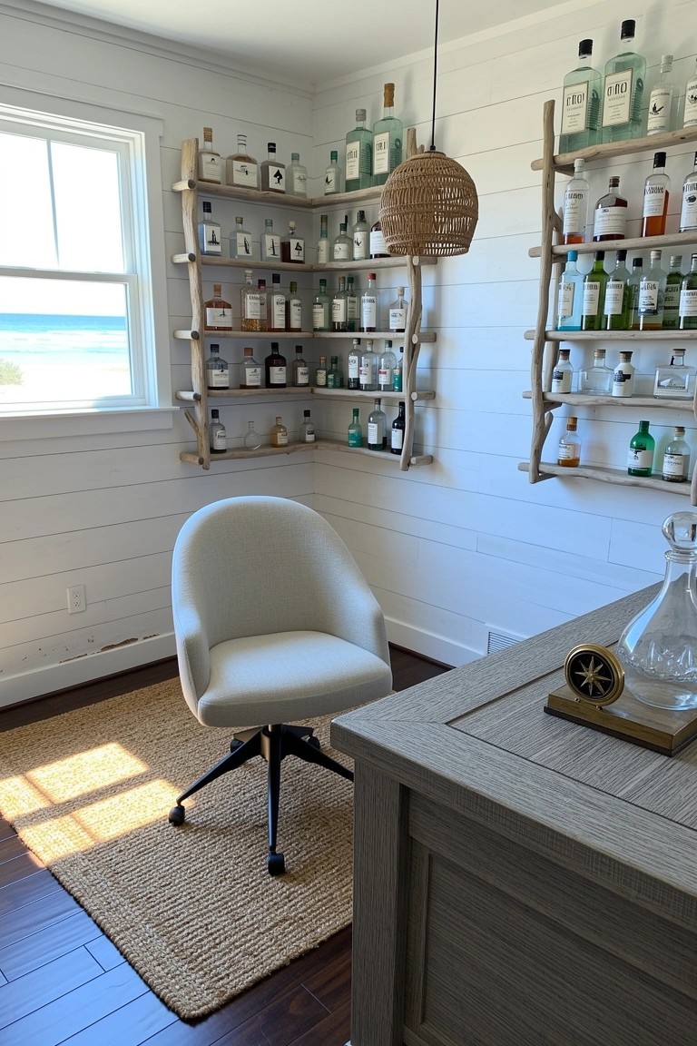 Cozy office corner with white shiplap walls and open wooden shelves filled with colorful liquor bottles, white swivel chair, wooden desk, seagrass rug, and window overlooking the ocean