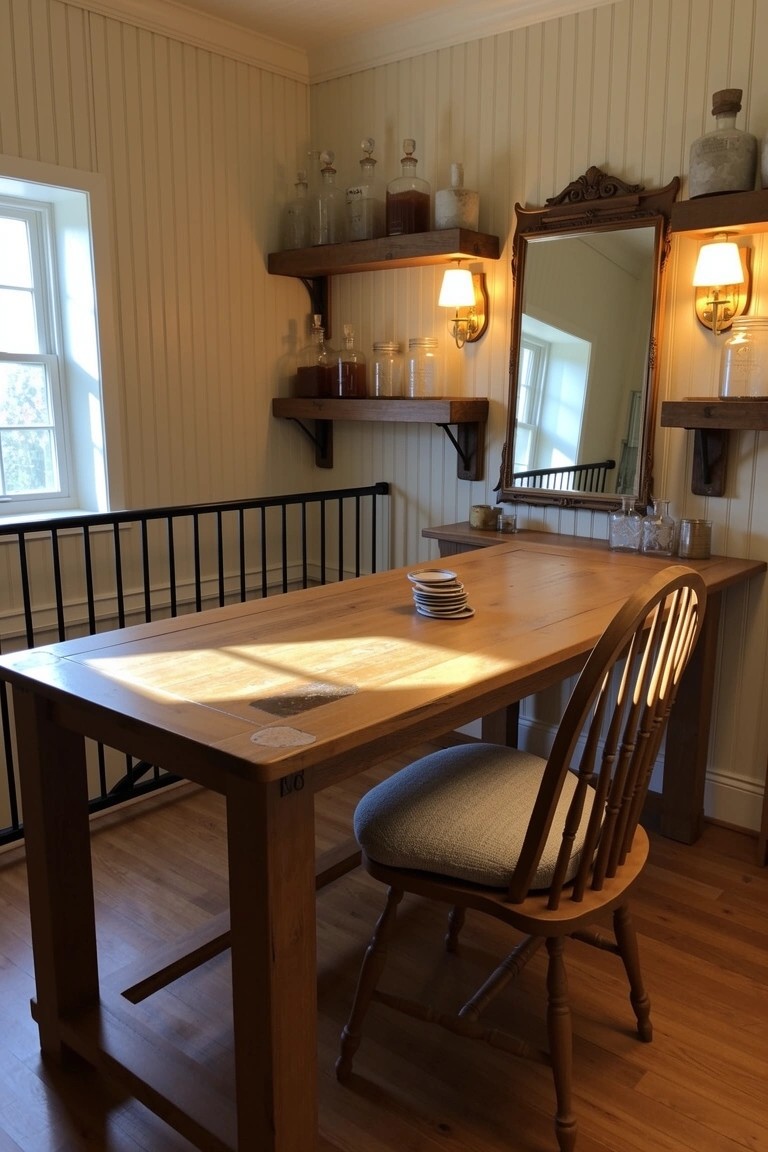 Wooden desk with open overhead shelves holding glass bottles in a light-paneled room with window and mirror