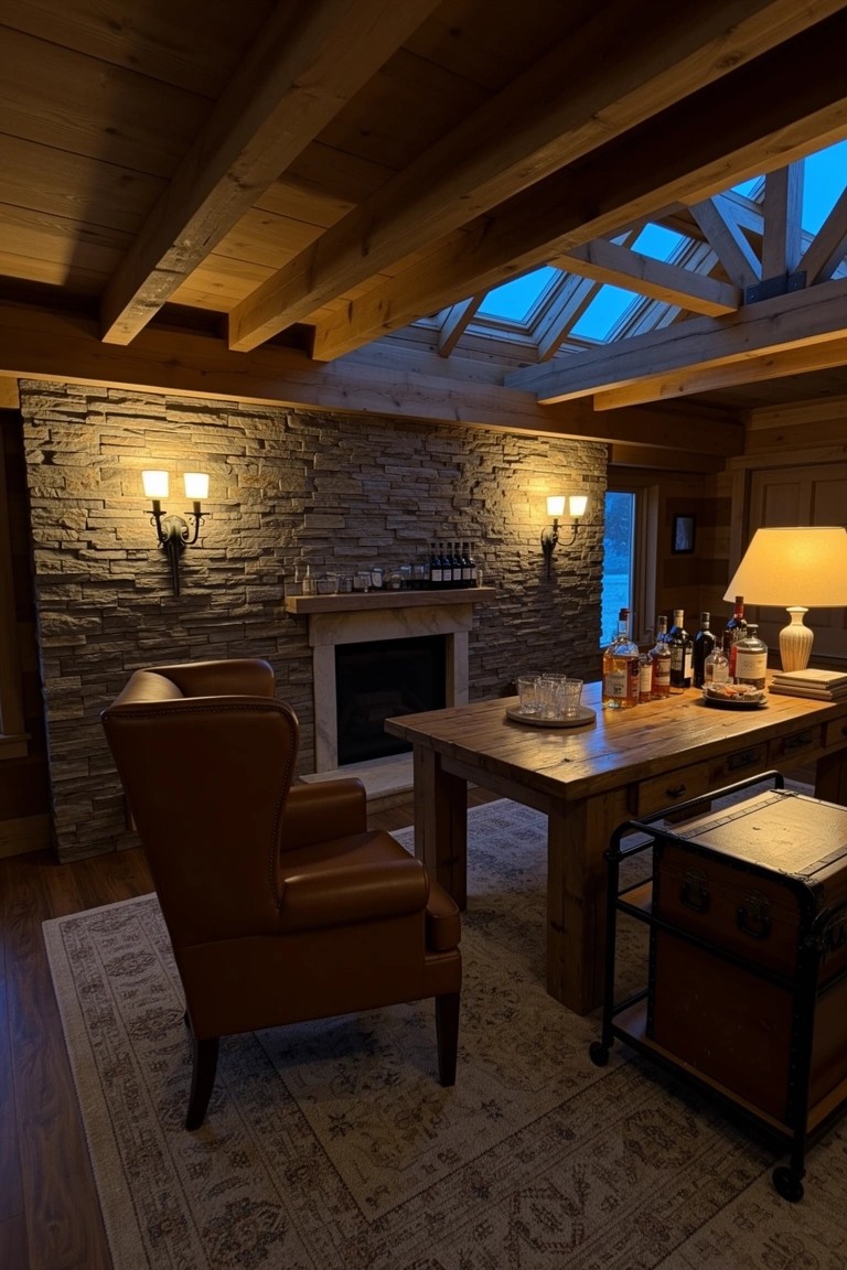 Rustic cabin-style whiskey room office with exposed wooden beams, stone fireplace wall, wooden table holding whiskey bottles, and leather armchair