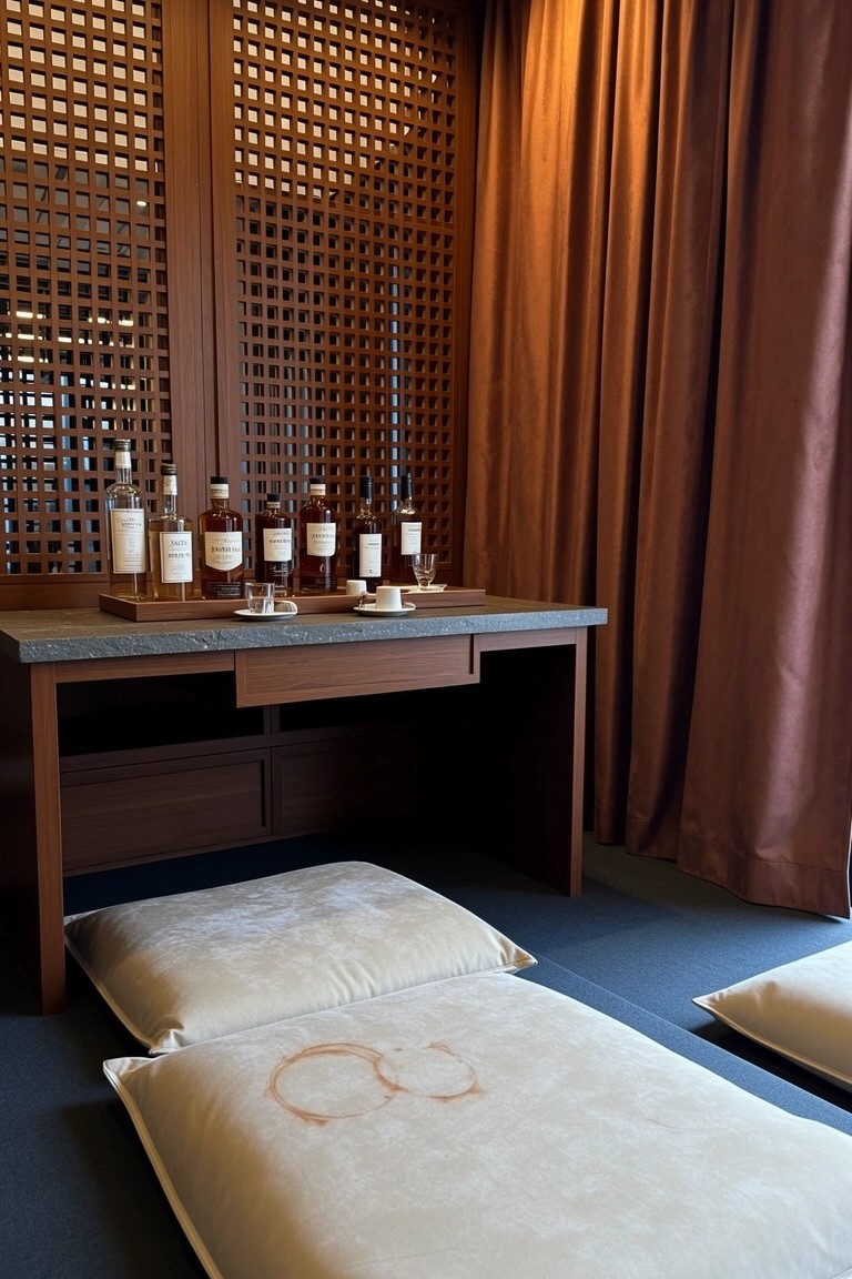 Wooden lattice screen divider with whiskey bottles on a low bar table and beige floor cushions in a warm-toned relaxation nook