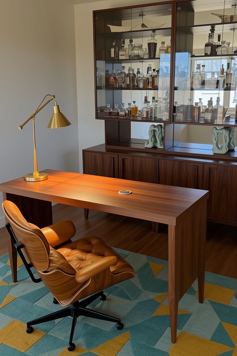Home office featuring walnut desk, orange leather chair, gold lamp, and tall glass-door cabinet displaying whiskey bottles