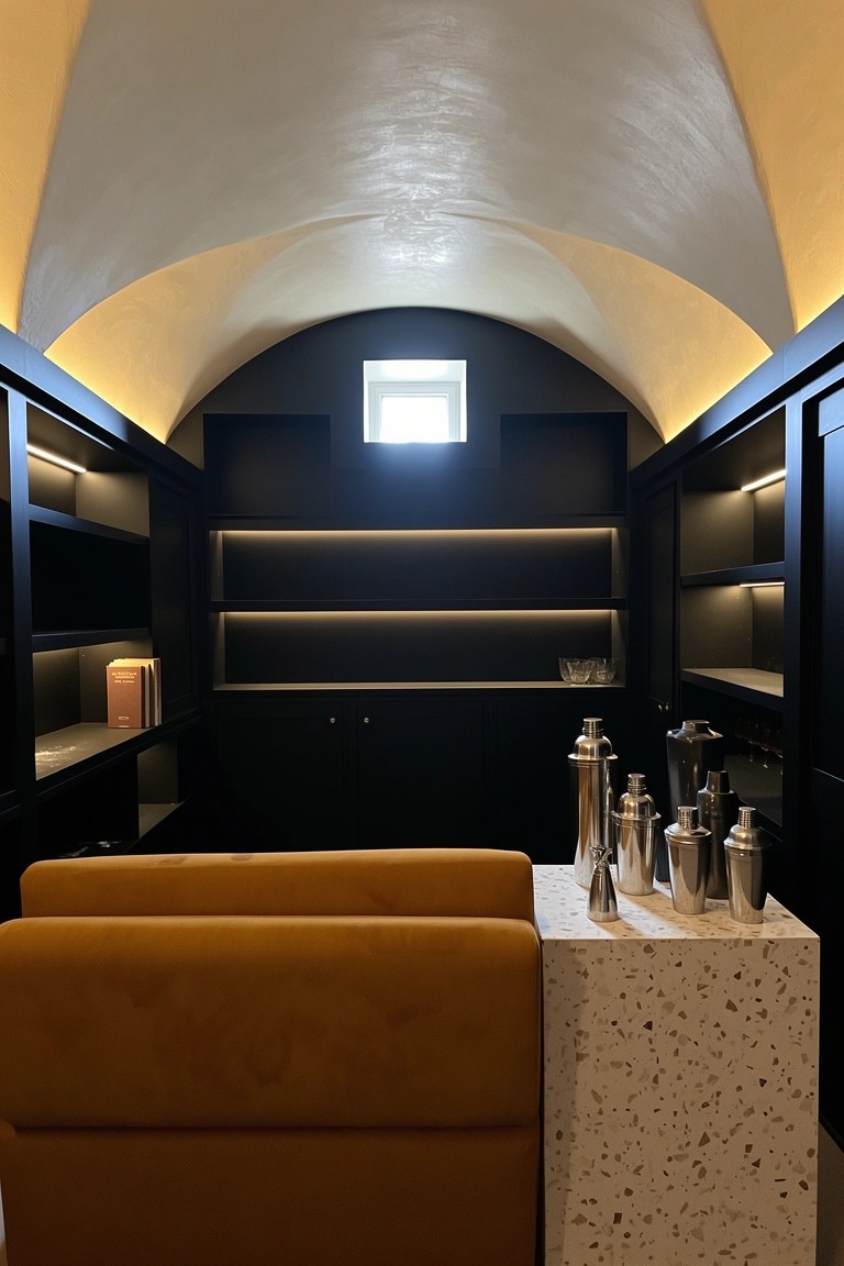 Small arched bar room with dark built-in shelving, orange bench, and bar tools on a table
