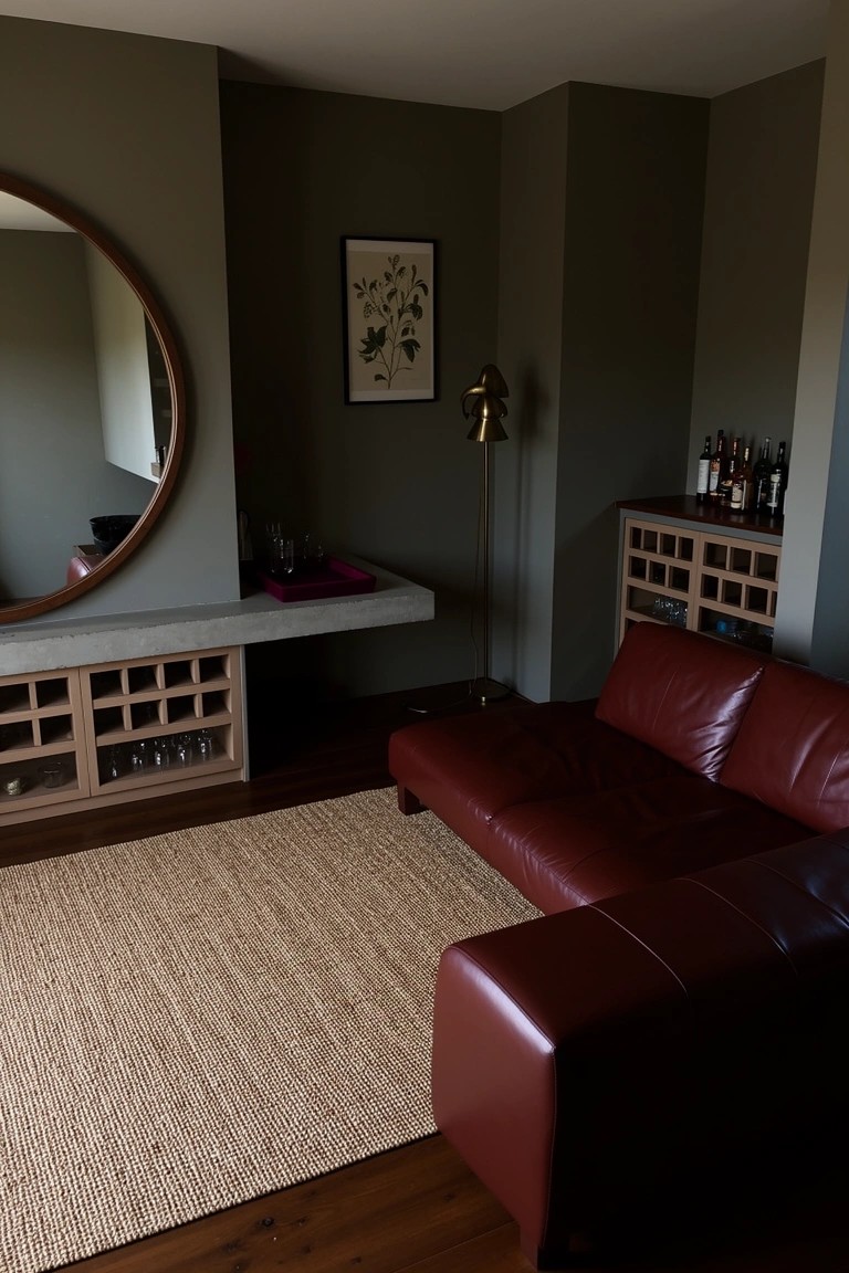 Living room corner featuring wooden bar cabinets with wine racks and glass shelves stocked with bottles, beside a red leather sofa on a beige rug, dark green walls, round mirror, and brass lamp