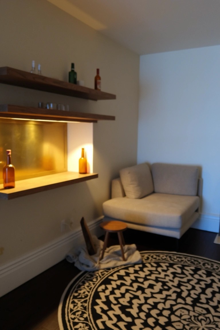 Cozy living room corner with recessed illuminated shelf displaying liquor bottles and glasses, next to a beige sofa and woven rug