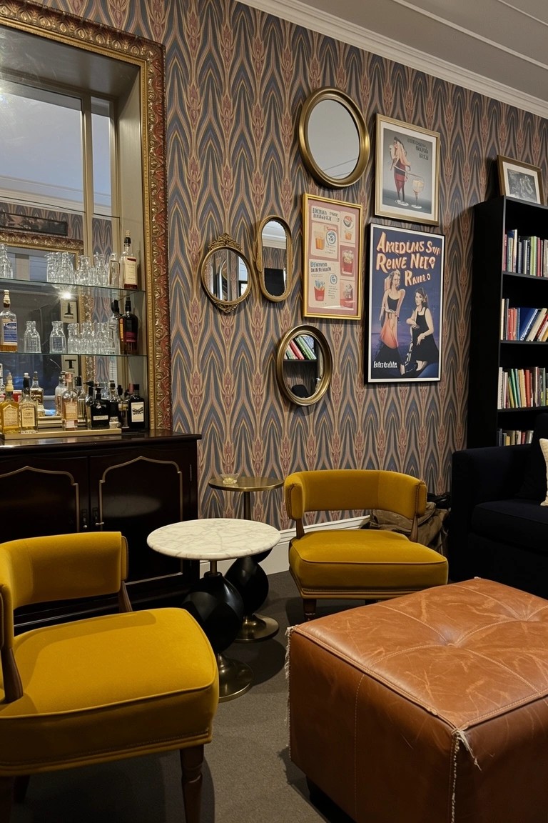 Cozy mustard yellow velvet chairs and leather pouf grouped around a low marble table in a speakeasy living room with bar cabinet, patterned wallpaper, mirrors, and vintage posters