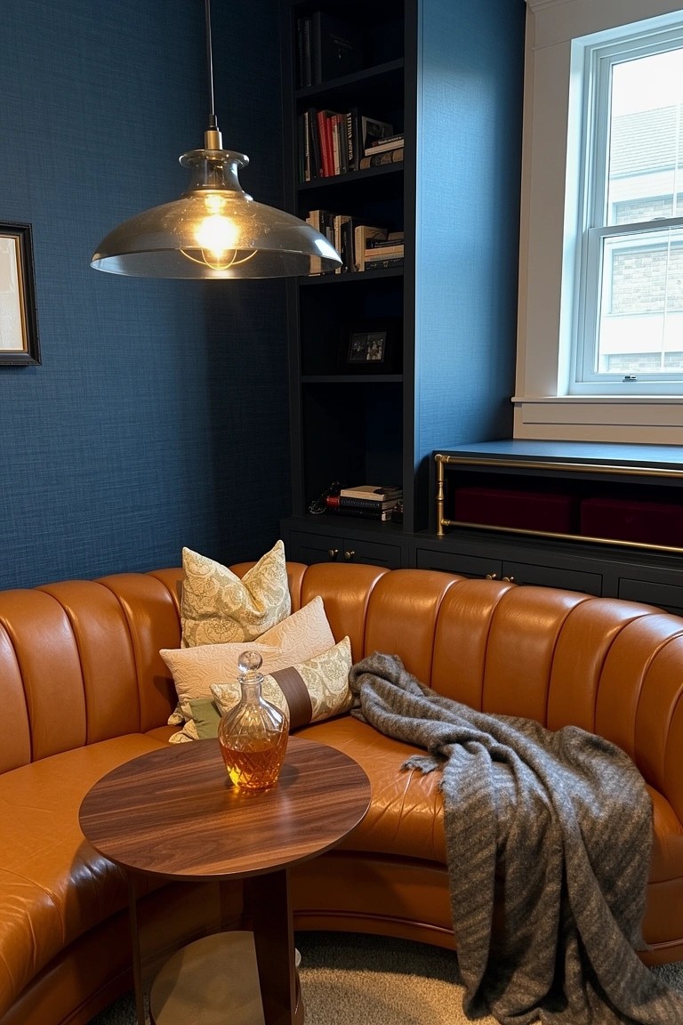 Curved orange leather booth sofa in navy blue corner with bookshelves, small wooden table and whiskey decanter, pendant light overhead