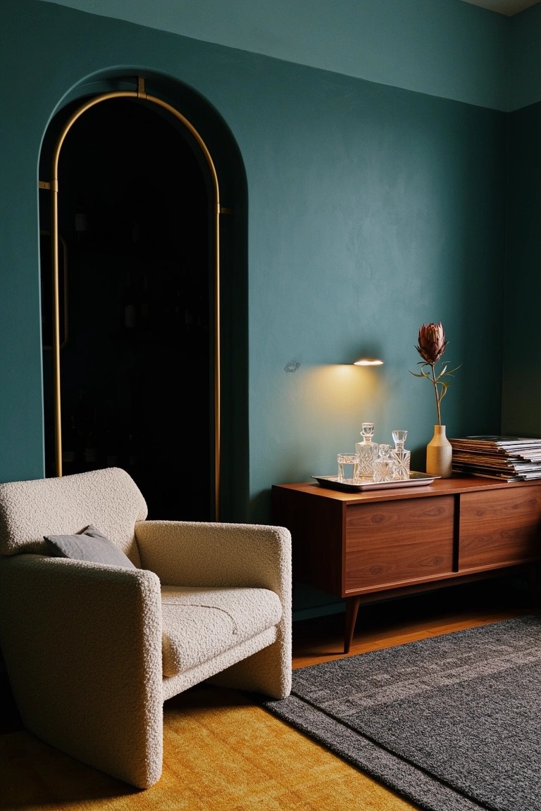 Teal-walled living room corner with cream sheepskin armchair, wooden credenza holding glassware and a tall flower vase, wall light, and prominent dark arched doorway