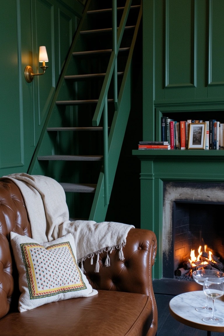 Dark green paneled walls enclosing a cozy leather armchair nook with fireplace, bookshelves, staircase, and side table with glasses