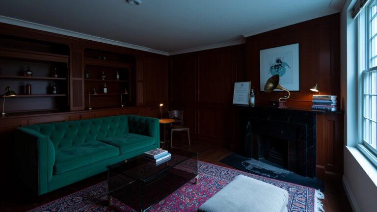 19 Trendy Speakeasy Living Room Ideas That Feel Designer Ready Living room featuring dark wood paneled wall with built-in shelves displaying liquor bottles, green tufted sofa, marble fireplace, and Persian rug