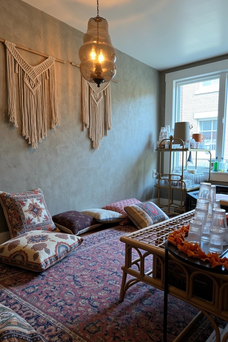 Cozy speakeasy nook with floor cushions on a red rug, low rattan table holding glasses, macrame wall hangings, and textured plaster walls