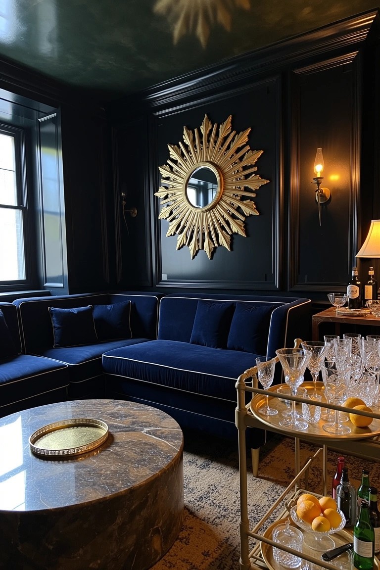 Moody speakeasy living room with black paneled walls, navy blue velvet L-shaped sofa, large gold sunburst mirror, marble coffee table, and brass bar cart stocked with glasses and citrus.