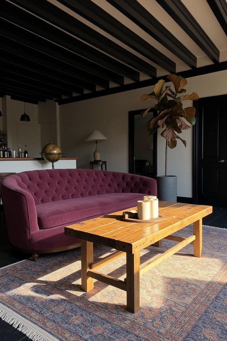 Living room with deep purple tufted velvet sofa, wooden coffee table topped with candles, large potted plant, bar area, and exposed black ceiling beams over a patterned rug