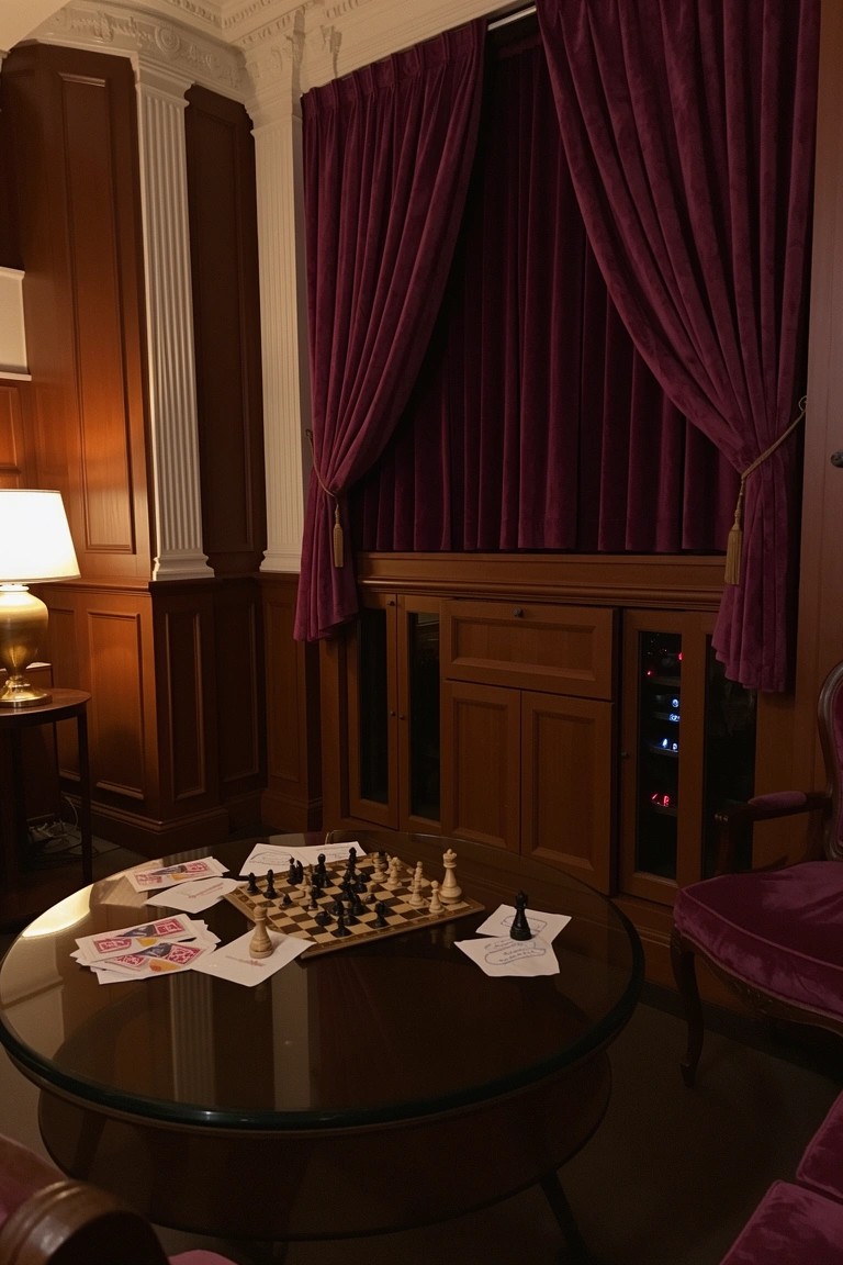 Wood-paneled speakeasy nook with purple velvet curtains and chairs around a round glass table set for chess