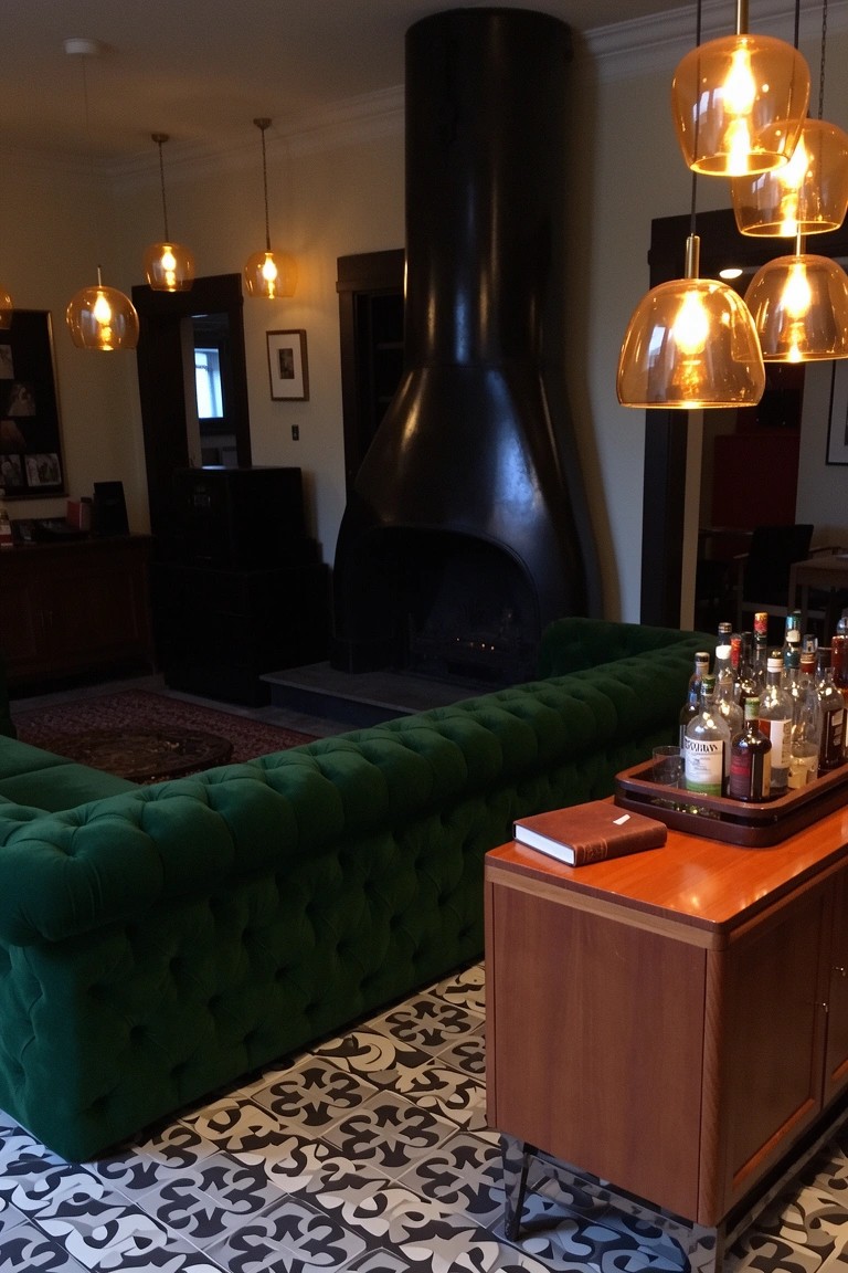 Living room with tall black cylindrical fireplace as focal point, green velvet L-shaped sofa, wooden credenza holding liquor bottles, pendant lights, and black and white patterned tile floor