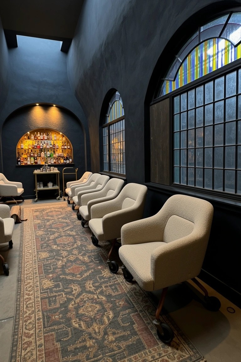 Moody speakeasy lounge with dark textured walls, arched stained-glass windows, backlit bar shelf stocked with liquor bottles, and a row of cream swivel chairs on a patterned runner rug