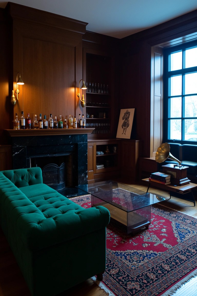 Living room featuring dark wood paneled wall with built-in shelves displaying liquor bottles, green tufted sofa, marble fireplace, and Persian rug