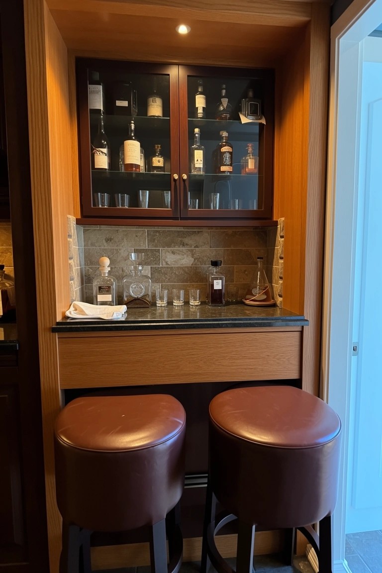 Wooden built-in bar cabinet displaying liquor bottles with countertop, glasses, and leather stools