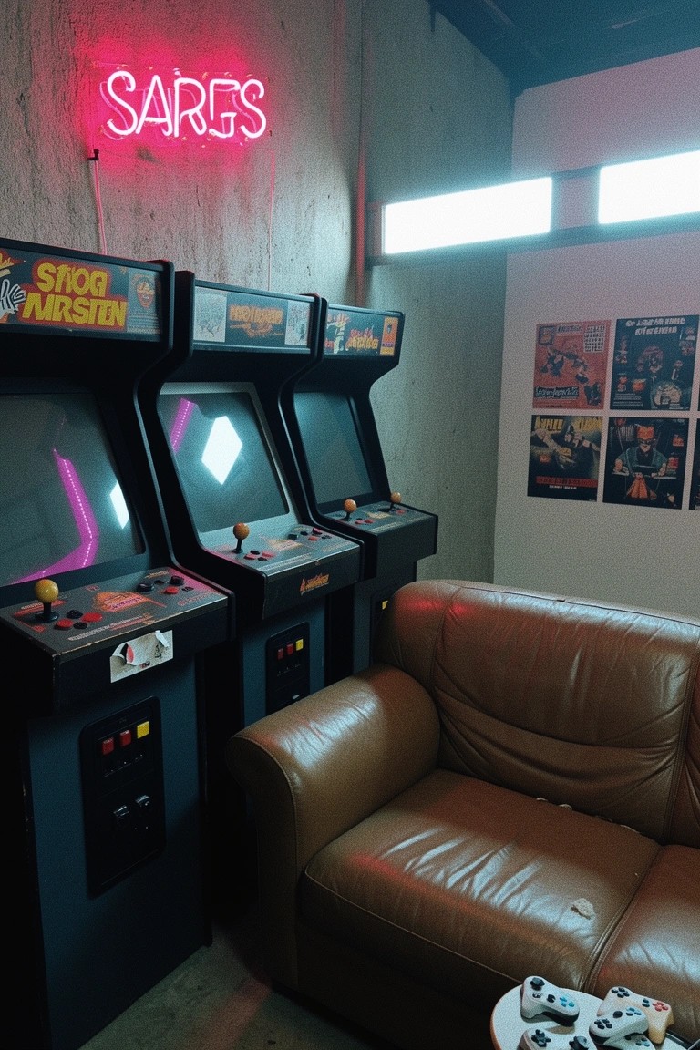 Industrial man cave corner with three black vintage arcade machines lined up, pink neon sign on concrete wall, brown leather sofa nearby, and game controllers on side table