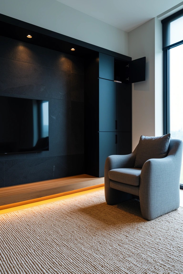 Modern man cave corner with dark tiled feature wall holding mounted TV and cabinets, plus a gray armchair on wood platform