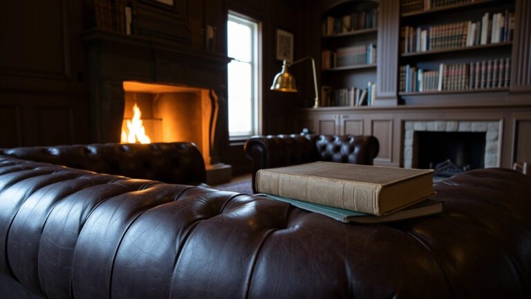 20 Classic Man Cave Decor That Always Feels Timeless Tufted brown leather Chesterfield sofa stacked with books, positioned by stone fireplace in wood-paneled den with bookshelves