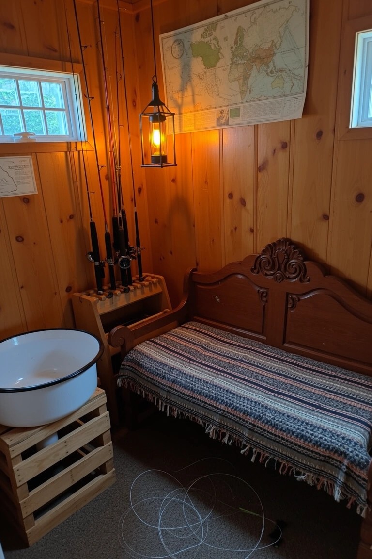 Cozy wooden man cave corner with vertical fishing rod rack on paneled wall, bench, lantern, and map
