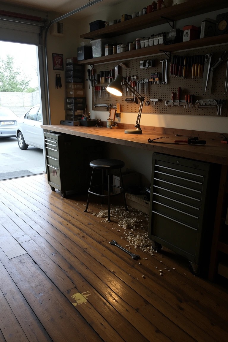 Wooden workbench in open garage with pegboard walls, hanging tools, and metal storage cabinets