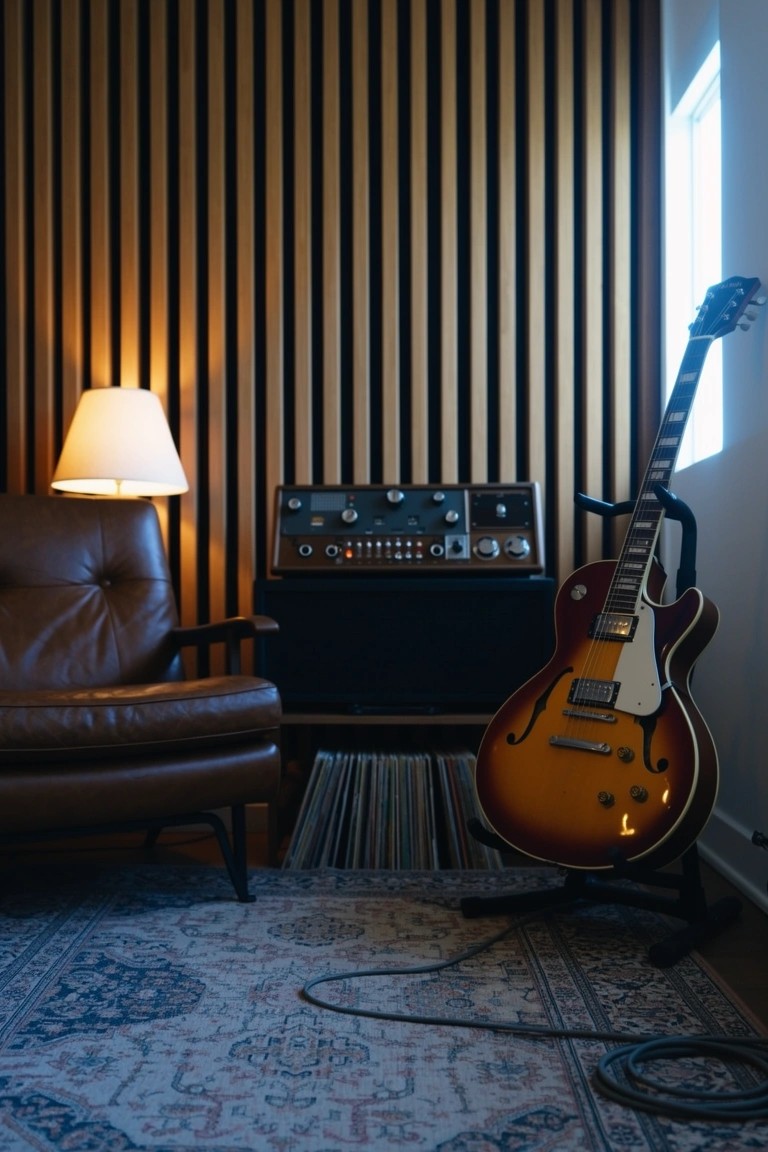 Man cave corner with guitar on stand by vintage amp, leather chair, and slatted wood wall