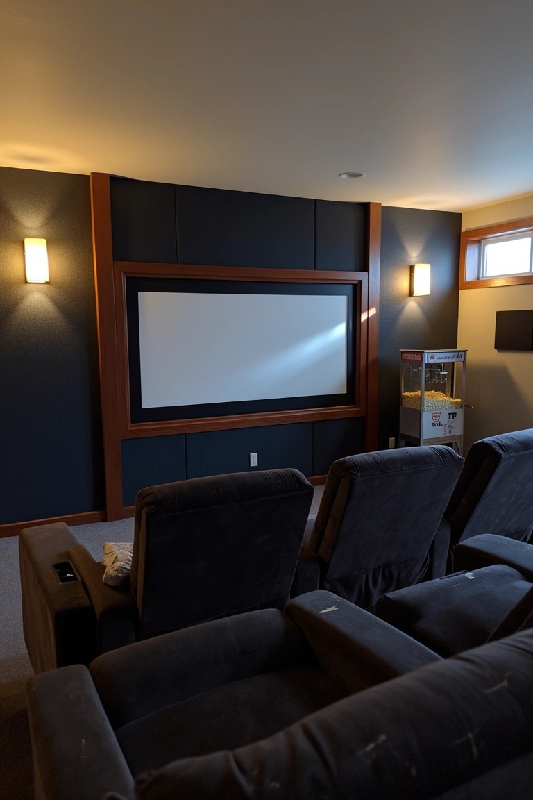 Dark-walled home theater with wooden-framed projection screen, row of gray recliner seats, wall sconces, and popcorn machine