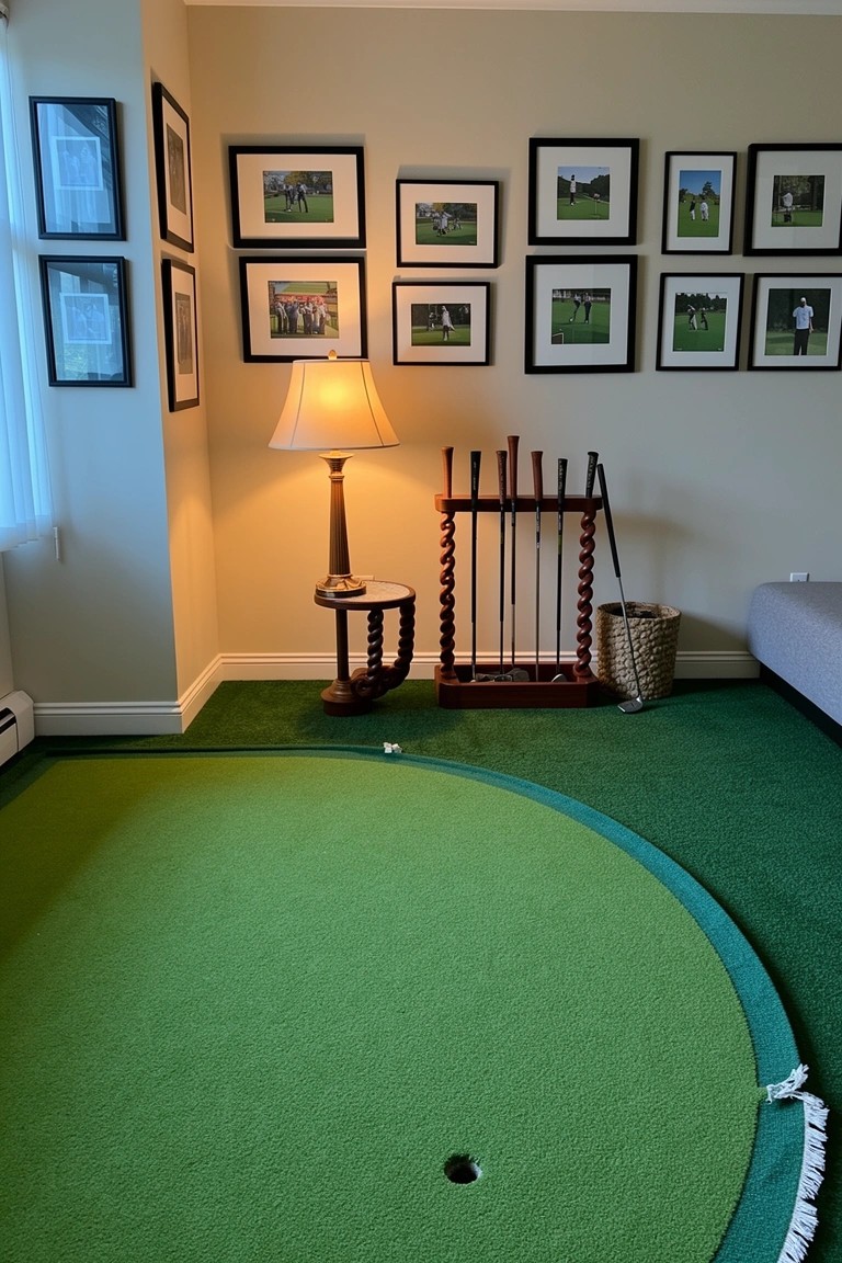 Man cave corner with green indoor putting green on floor, wood golf club rack, lamp table, and framed golf photos on walls