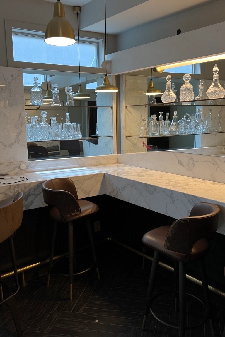 Corner home bar with white marble countertop, black leather barstools, brass pendant lights, and mirrored shelves stocked with liquor bottles