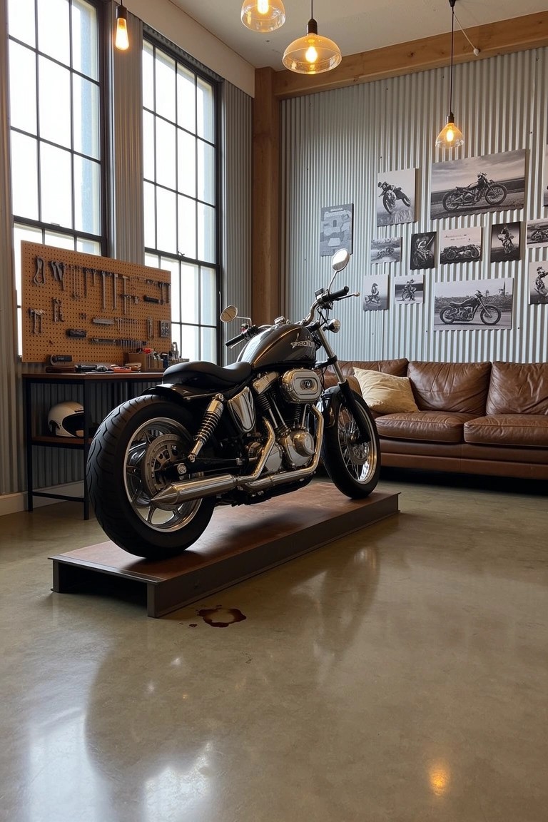 Black motorcycle on a raised wooden pedestal in an industrial man cave with corrugated metal walls, tool shelves, and leather sofa