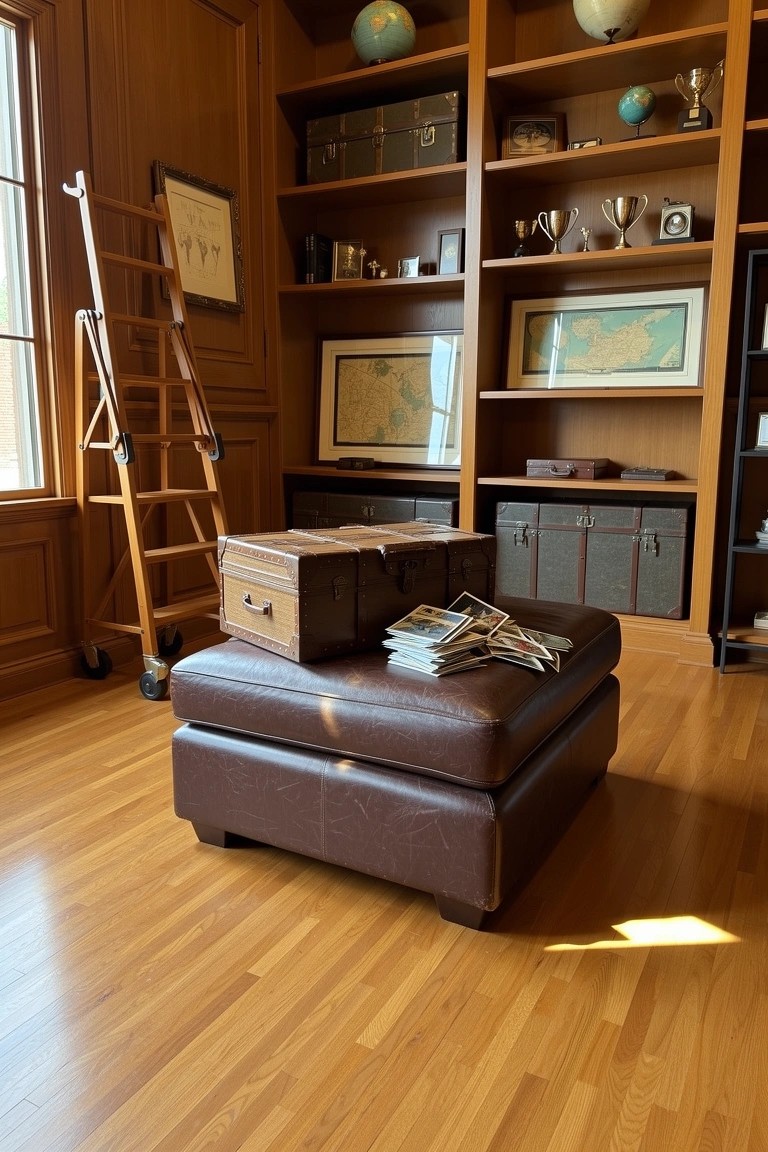 Wood-paneled room corner with tall bookshelves, rolling ladder, stacked wooden trunks, leather ottoman, and hardwood floor
