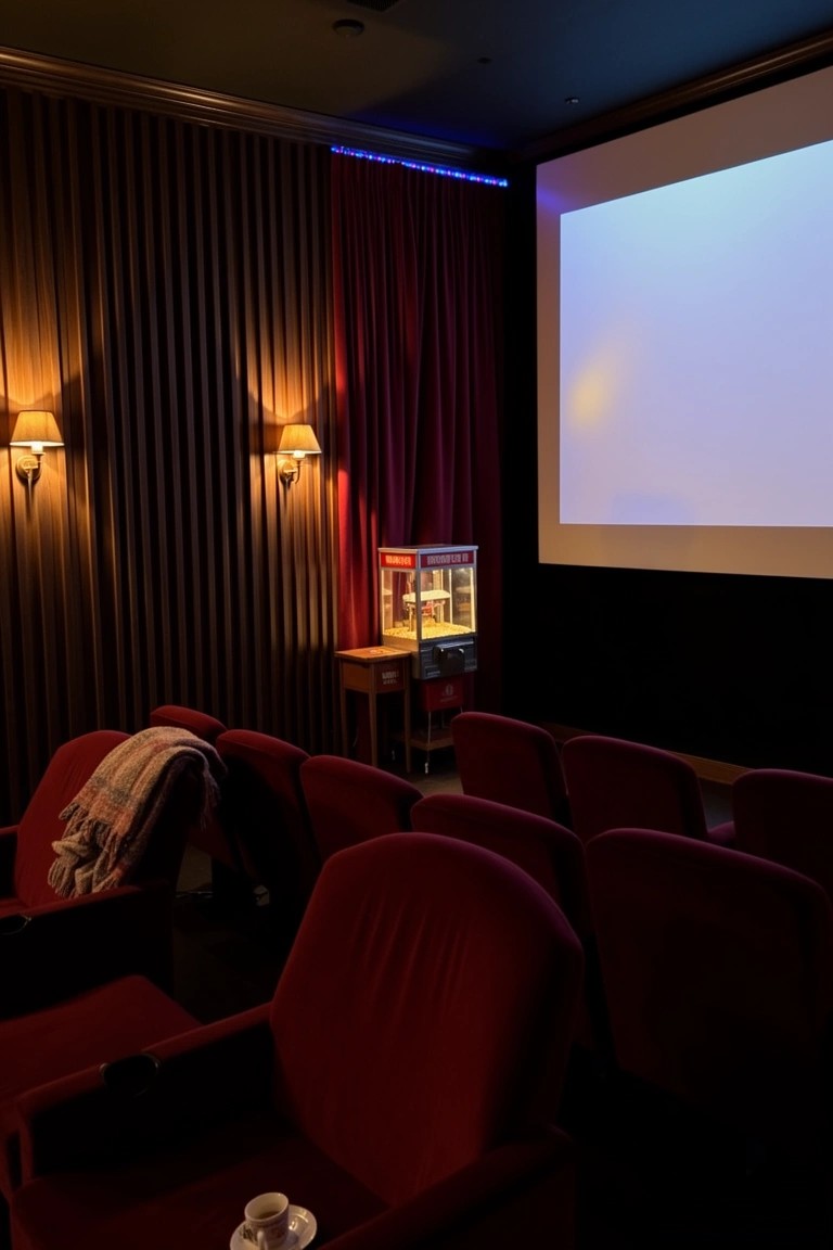 Dim home theater room featuring red velvet seats, projector screen, velvet curtains, wall lamps, and a retro popcorn machine on a stand