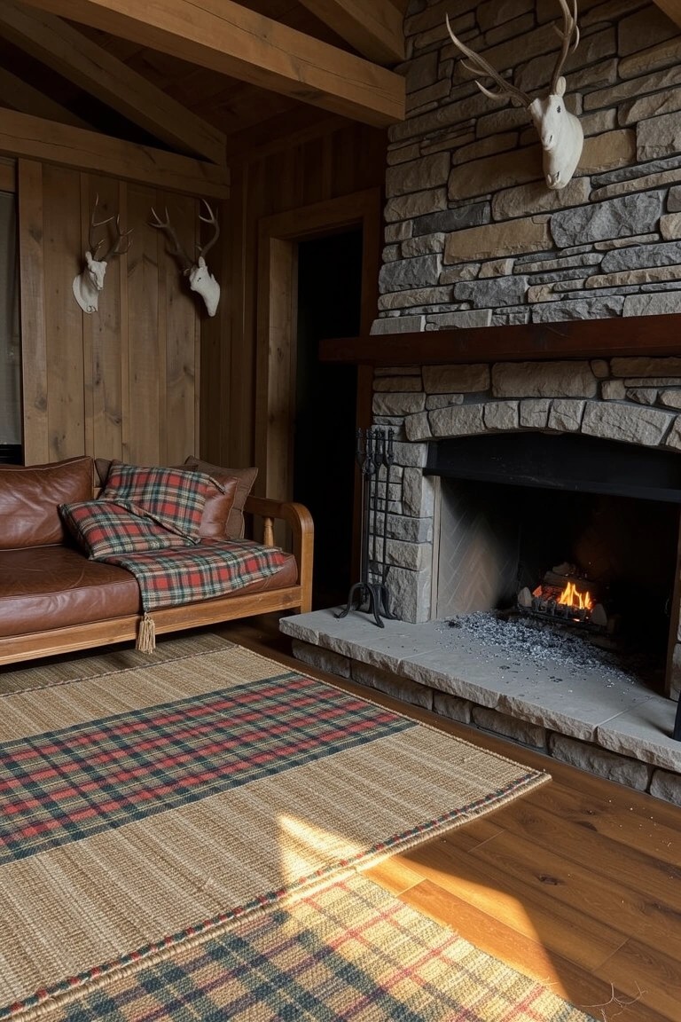Rustic man cave interior with wood-paneled walls and ceiling, large stone fireplace, mounted antlers, and leather sofa with plaid blanket