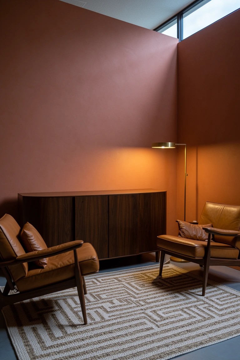 Cozy corner seating area with terracotta walls, two brown leather armchairs, wooden credenza, gold arc lamp, and geometric rug