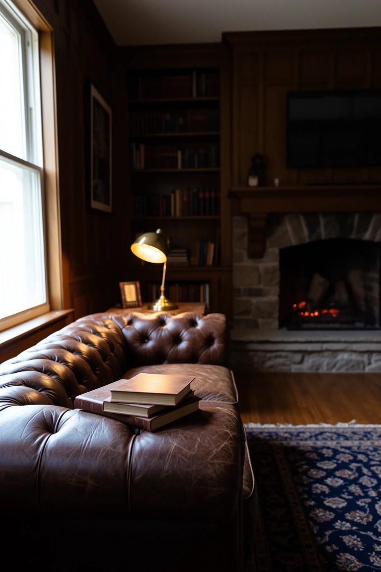 Tufted brown leather Chesterfield sofa stacked with books, positioned by stone fireplace in wood-paneled den with bookshelves