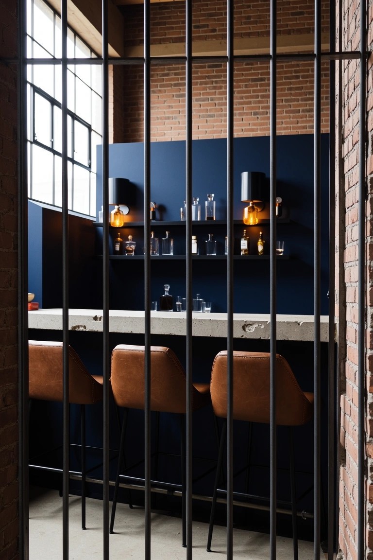 Industrial home bar enclosed by black metal jail bars, with blue accent wall, shelves of bottles, leather stools, and warm lamp lighting