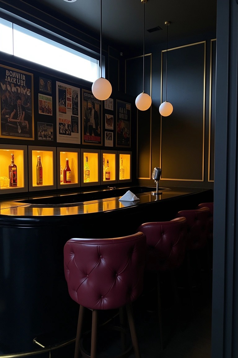 Dark home bar with backlit shelves displaying glowing liquor bottles, curved counter, and red stools