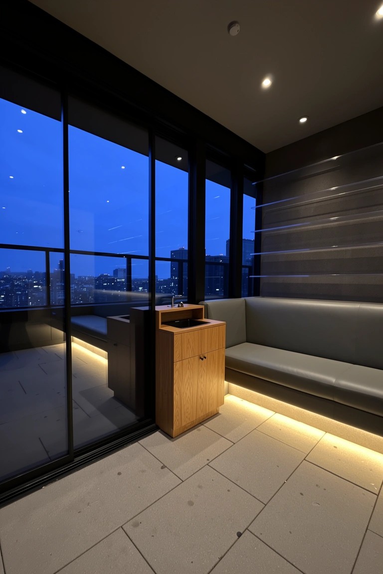 Wooden cabinet bar with sink on a sleek terrace lounge, low gray bench seating, and city view through large glass doors