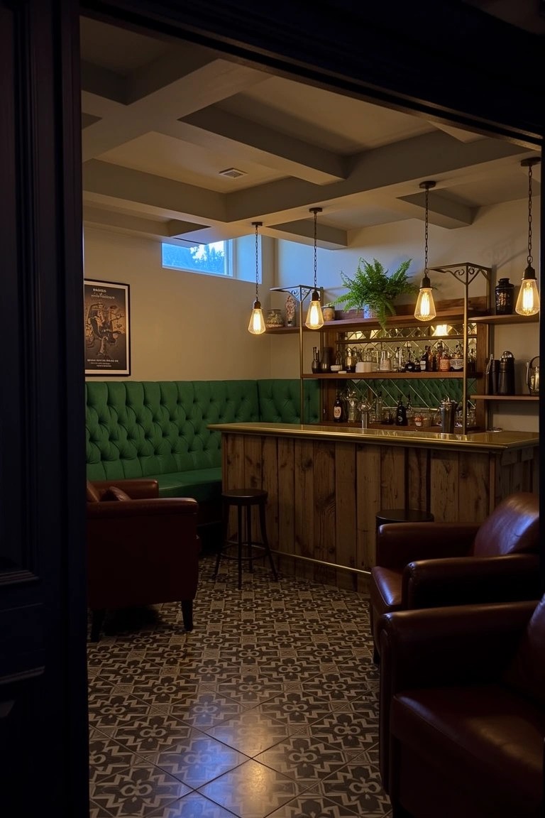 Cozy home speakeasy bar nook with green tufted booth seating wrapping the wooden bar, leather armchairs, hanging pendant lights, plant, and liquor shelves on beige walls with black and white tile floor