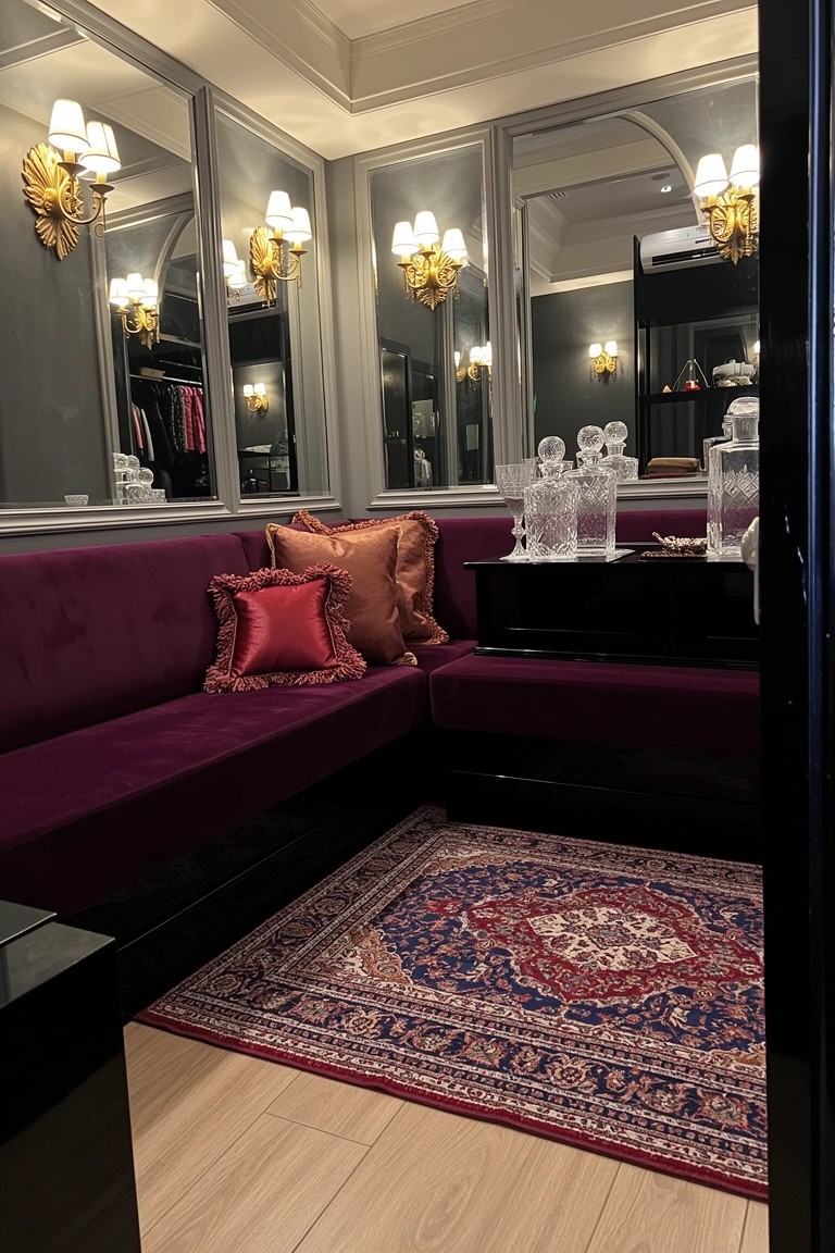 Mirrored walk-in closet with purple velvet L-shaped bench, black console holding crystal decanters, gold sconces, and Persian rug on wood floor