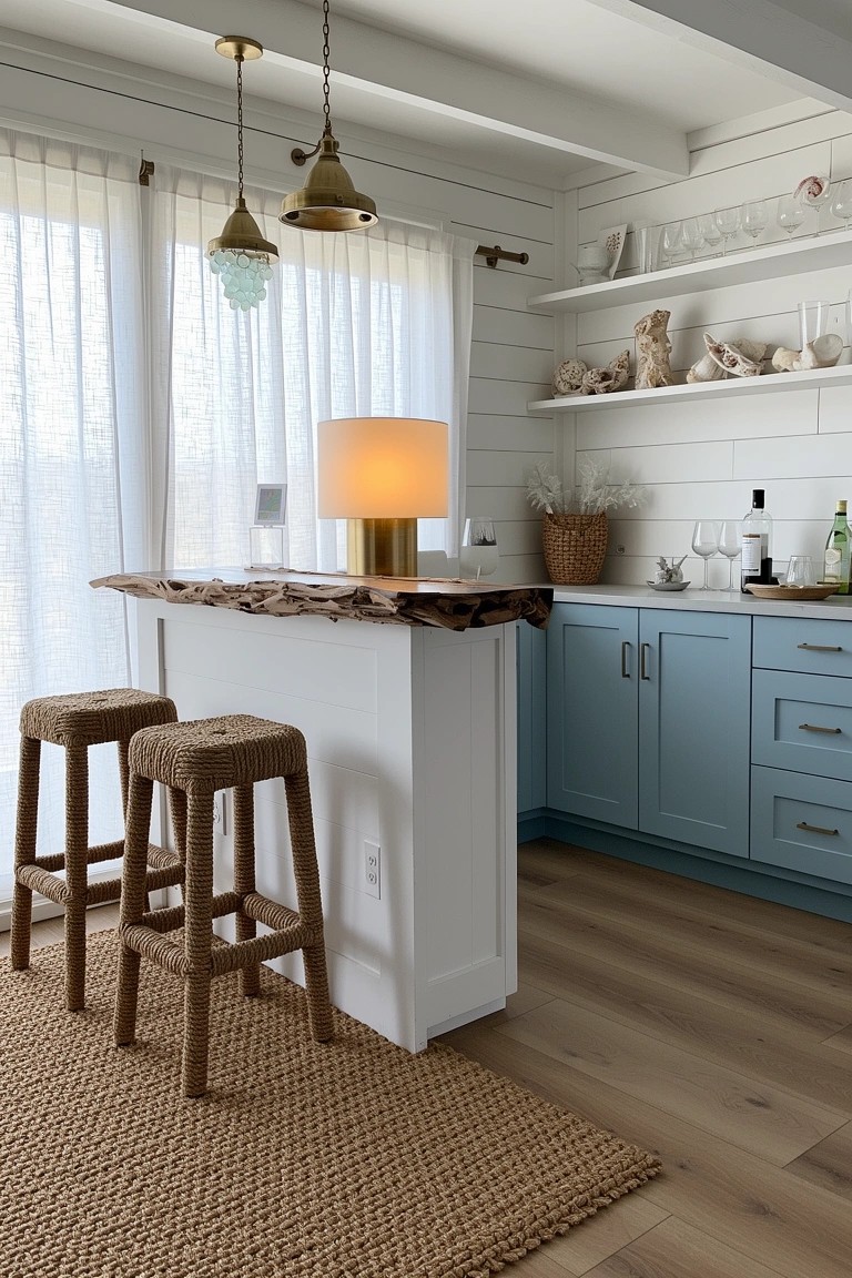 Kitchen bar nook featuring a rugged driftwood countertop, rattan stools, blue lower cabinets, and open shelves with glassware and shells against white shiplap walls