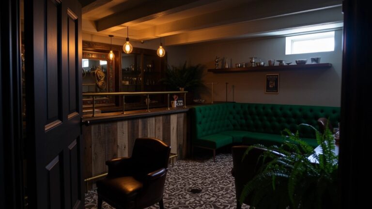 Cozy home speakeasy bar nook with green tufted booth seating wrapping the wooden bar, leather armchairs, hanging pendant lights, plant, and liquor shelves on beige walls with black and white tile floor