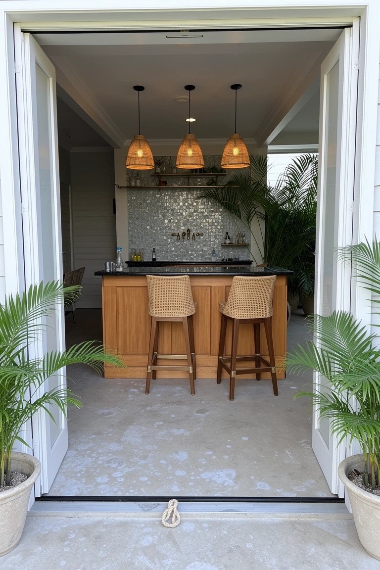 Open French doors framing a tropical home bar with wooden stools, pendant lights, and potted palms on a concrete patio